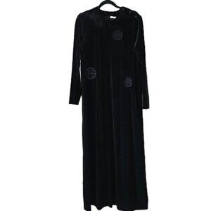 Fenucci Dress L Black Velvet Embroidery Maxi Buttons LS Goth Witchy Sleek VTG